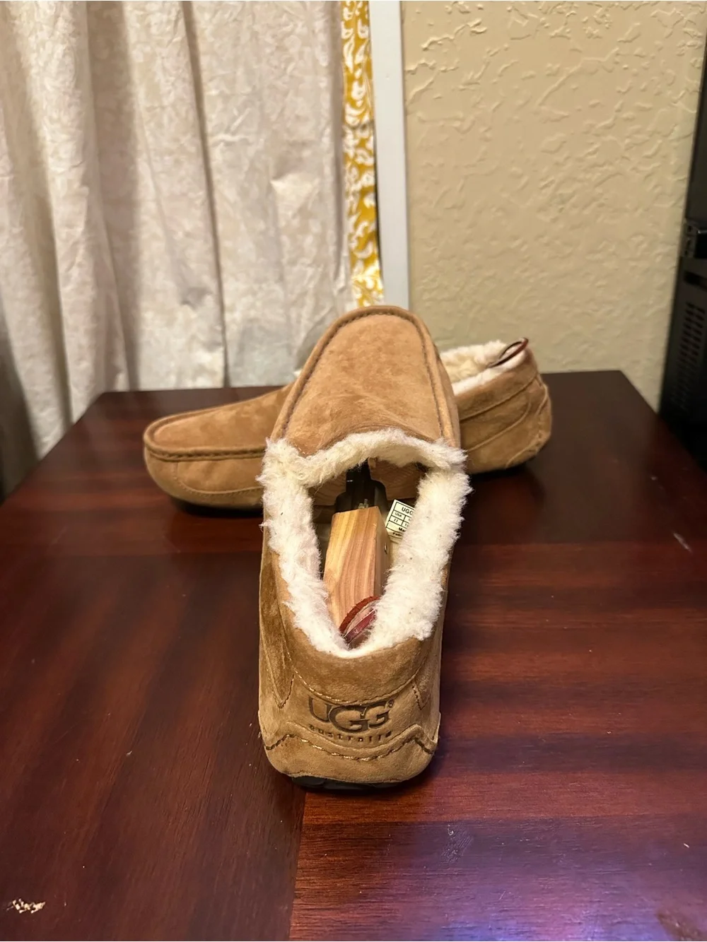 Mens UGG Ascot Tan Brown Suede Lined Slippers Shoes Moccasins Loafers Size 11